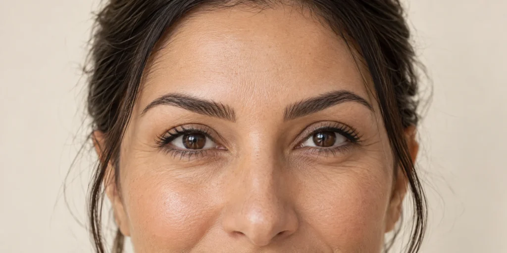 Nærbilde av bryn med permanent makeup og myk, jevn form