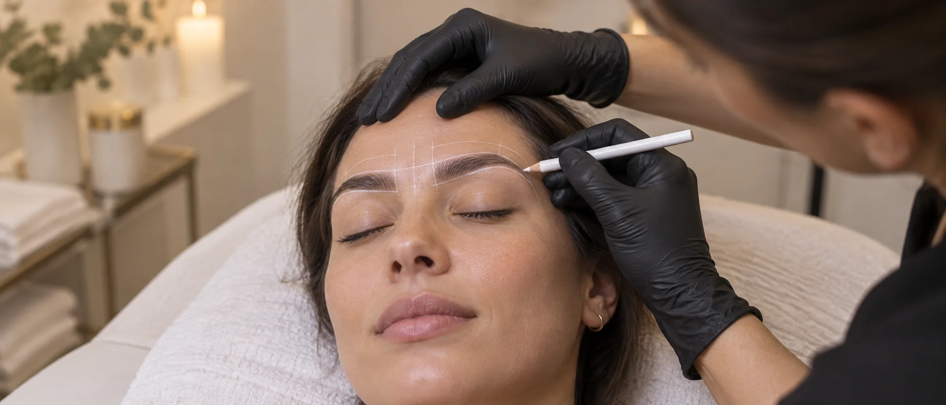 Spesialist som tegner opp brynsformen før permanent makeup