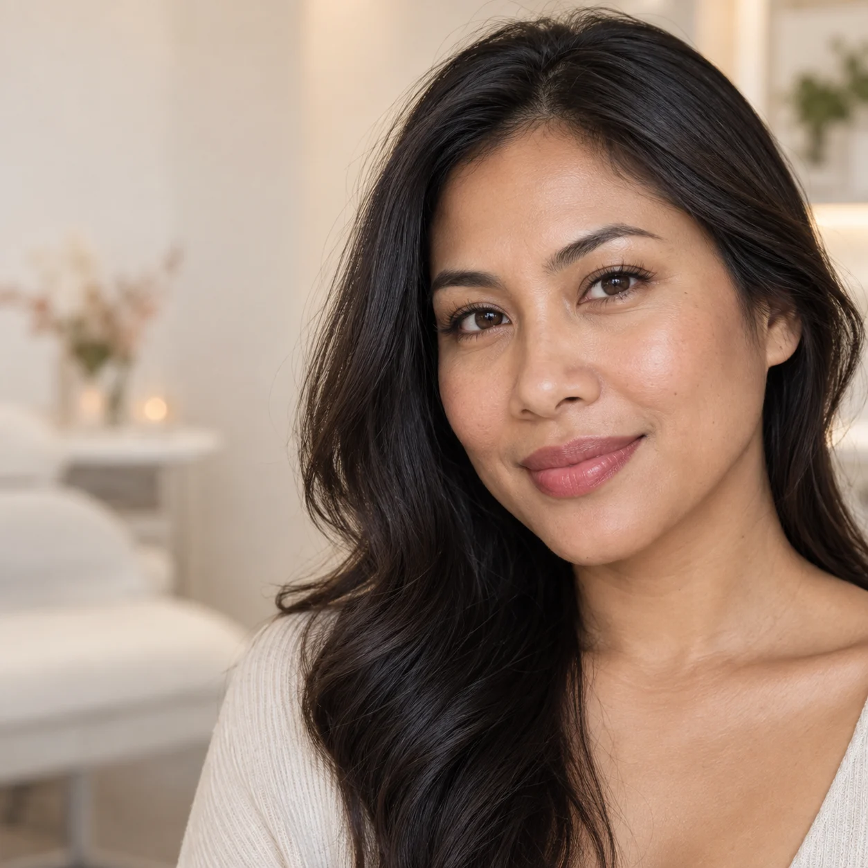 Smilende kvinne med naturlig leppefarge og myk kontur
