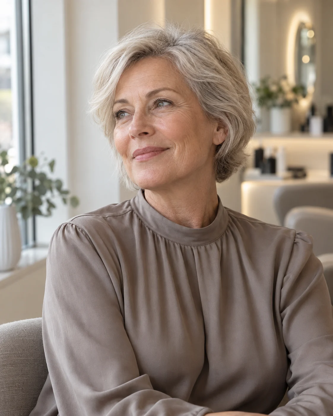 Smilende moden kvinne med naturlig leppefarge i salongen